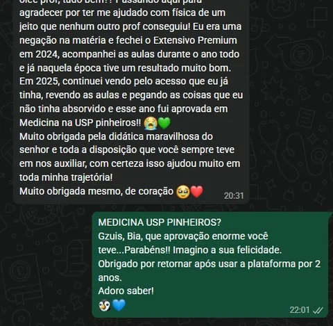 Mensagem da Bia contando a aprovação em Medicina na USP Pinheiros