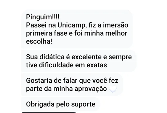 Mensagem da Natália contando a aprovação na Unicamp