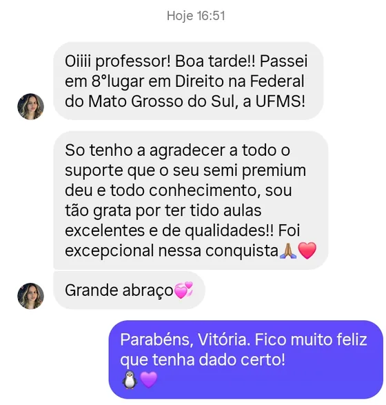 Mensagem da Vitória contando a aprovação em Direito na UFMS