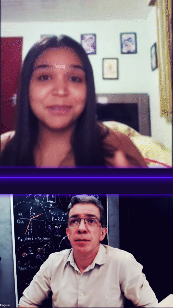 Lawane no depoimento em vídeo, com o Professor Pinguim ouvindo na chamada