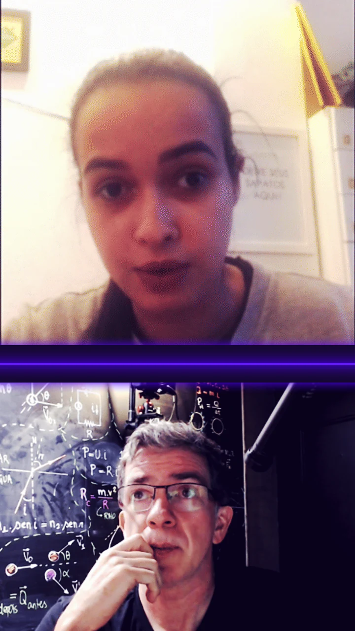 Mariana e Larissa no depoimento em vídeo, com o Professor Pinguim ouvindo na chamada