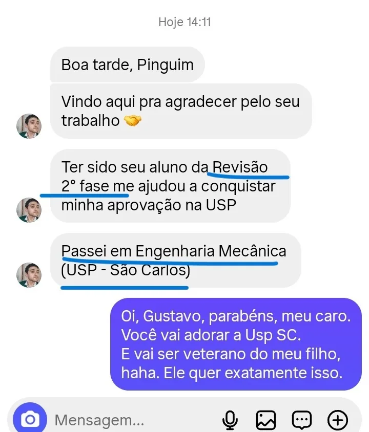 Mensagem de aluno aprovado em Engenharia Mecânica na USP São Carlos, que foi aluno da Revisão de 2ª fase