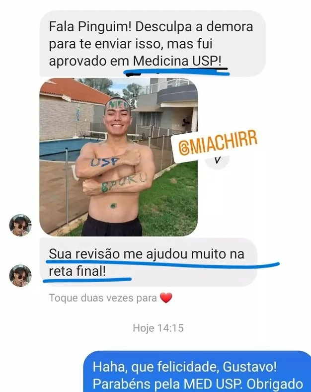 Mensagem de aluno aprovado em Medicina na USP: sua revisão me ajudou muito na reta final