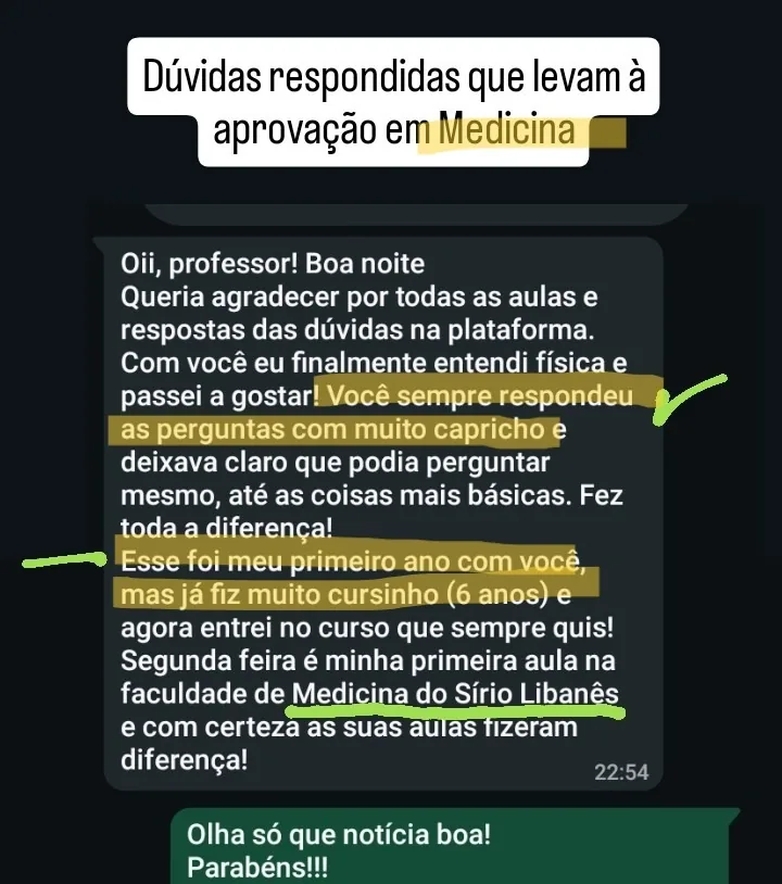 Mensagem de aluna aprovada em Medicina no Sírio-Libanês agradecendo as aulas e as respostas das dúvidas