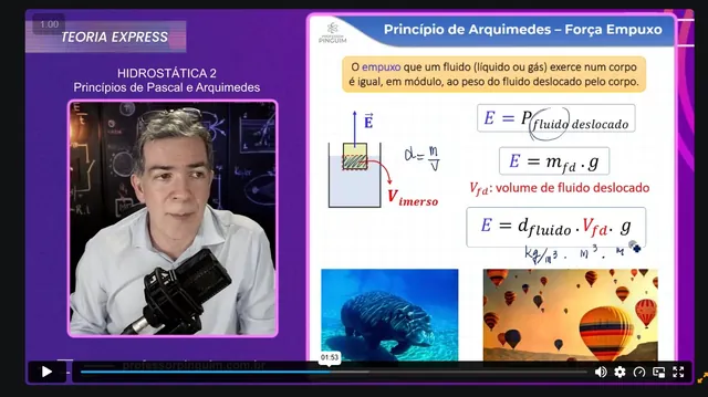 Player da plataforma com o professor à esquerda e o card da aula à direita · Hidrostática: empuxo e Princípio de Arquimedes