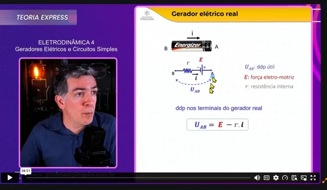 Player da plataforma com o professor à esquerda e o card da aula à direita · Eletrodinâmica: gerador elétrico real