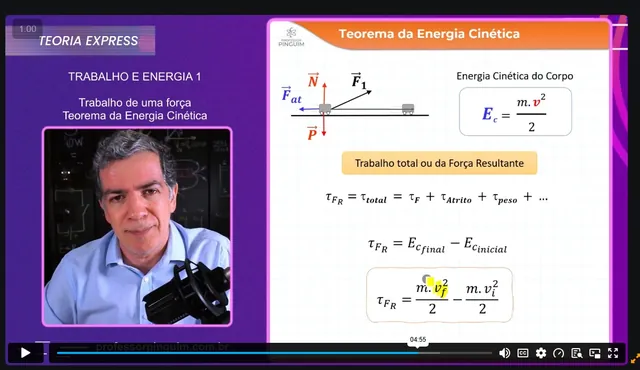 Player da plataforma com o professor à esquerda e o card da aula à direita · Trabalho e Energia: Teorema da Energia Cinética